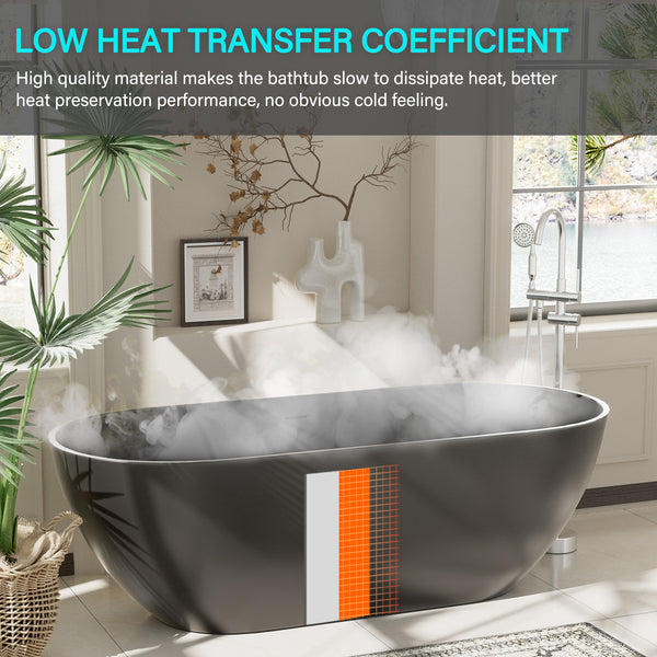 59 in. x 30 in. Solid Surface Freestanding Soaking Bathtub in Matte Black with Drain and Abrasive Pads