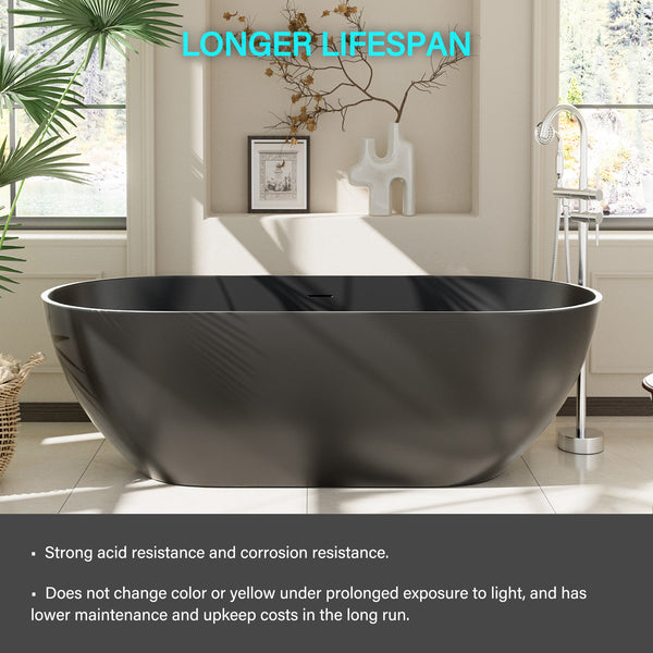 59 in. x 30 in. Solid Surface Freestanding Soaking Bathtub in Matte Black with Drain and Abrasive Pads