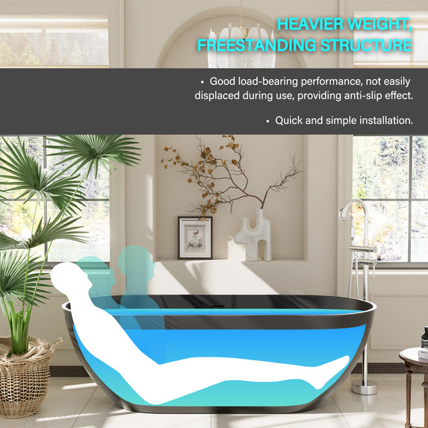 59 in. x 30 in. Solid Surface Freestanding Soaking Bathtub in Matte Black with Drain and Abrasive Pads