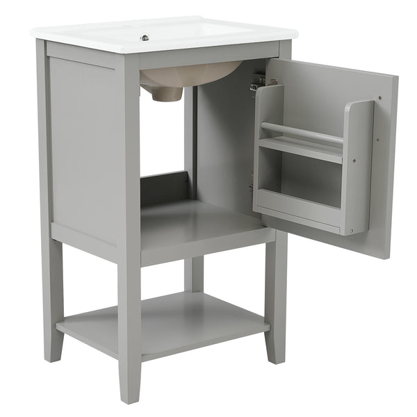 20" Bathroom Vanity with Sink, Bathroom Cabinet with Soft Closing Door, Storage Rack and Open Shelf, Grey/White