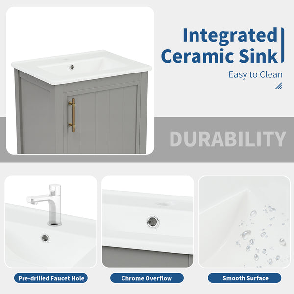 20" Bathroom Vanity with Sink, Bathroom Cabinet with Soft Closing Door, Storage Rack and Open Shelf, Grey/White