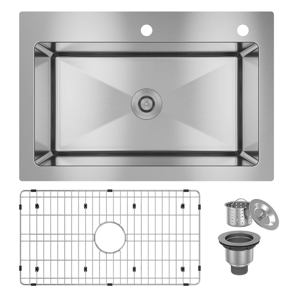 33 in. Drop-In Single Bowl 18 Gauge Stainless Steel Kitchen Sink with Bottom Grid and Basket Strainer, CUPC Certified