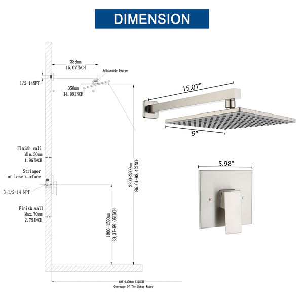 Single-Handle 1-Spray Pattern 10 in. with 1.8 GPM Wall Mount Square Shower Faucet in Brushed Nickel/Chrome/Matte Black (Valve Included)