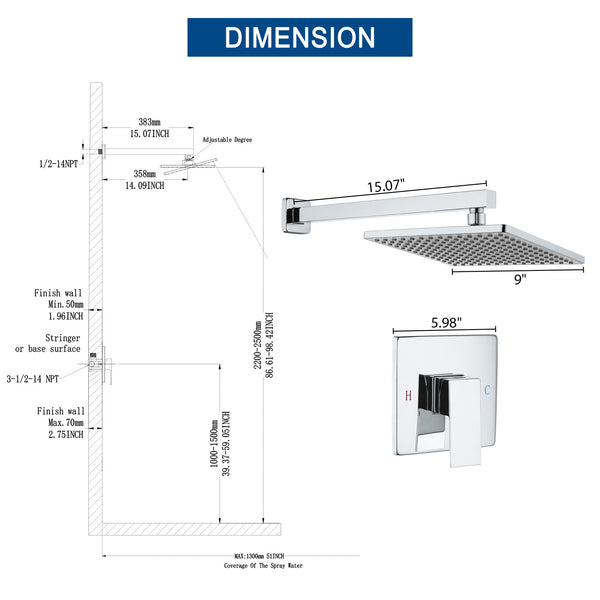 Single-Handle 1-Spray Pattern 10 in. with 1.8 GPM Wall Mount Square Shower Faucet in Brushed Nickel/Chrome/Matte Black (Valve Included)