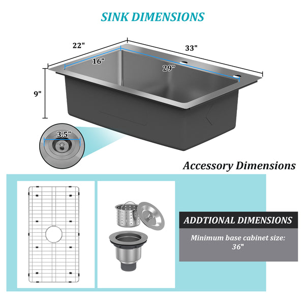 33 in. Drop-In Single Bowl 18 Gauge Stainless Steel Kitchen Sink with Bottom Grid and Basket Strainer, CUPC Certified