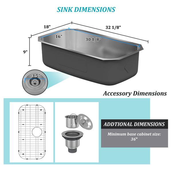 32 in. Undermount Single Bowl 18 Gauge Stainless Steel Kitchen Sink with Bottom Grid and Basket Strainer, cUPC Certified
