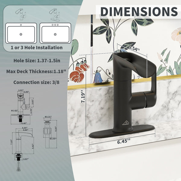 Single Handle Single Hole Bathroom Vanity Sink Waterfall Spout Bathroom Faucet with Filter Particles in Matte Black