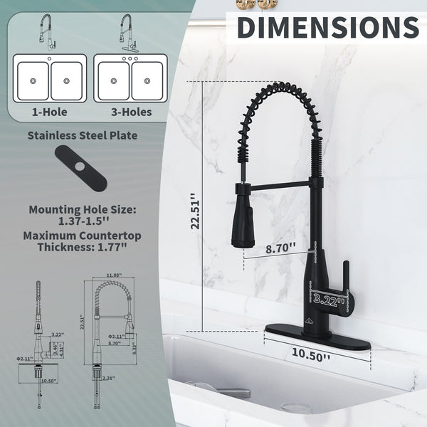 Single Handle Pull Down Sprayer Kitchen Faucet with LED Lights Temperature Display in Matte Black