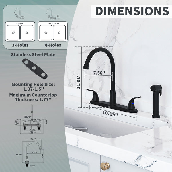 Double Handle Standard Kitchen Faucet with Side Sprayer in Matte Black