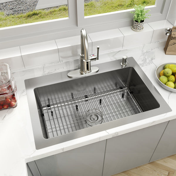 33 in. Drop-In Single Bowl 18 Gauge Stainless Steel Kitchen Sink with Bottom Grid and Basket Strainer, CUPC Certified
