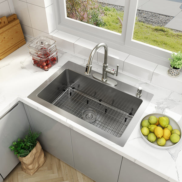 33 in. Drop-In Single Bowl 18 Gauge Stainless Steel Kitchen Sink with Bottom Grid and Basket Strainer, CUPC Certified