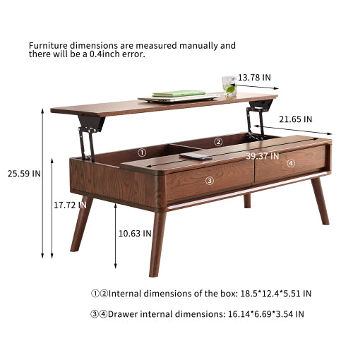 Dimakai Modern Wood Walnut Oak 39.37 x 17.72 inch Hinged Top with Drawers Coffee Table
