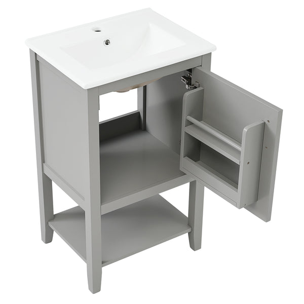 20" Bathroom Vanity with Sink, Bathroom Cabinet with Soft Closing Door, Storage Rack and Open Shelf, Grey/White