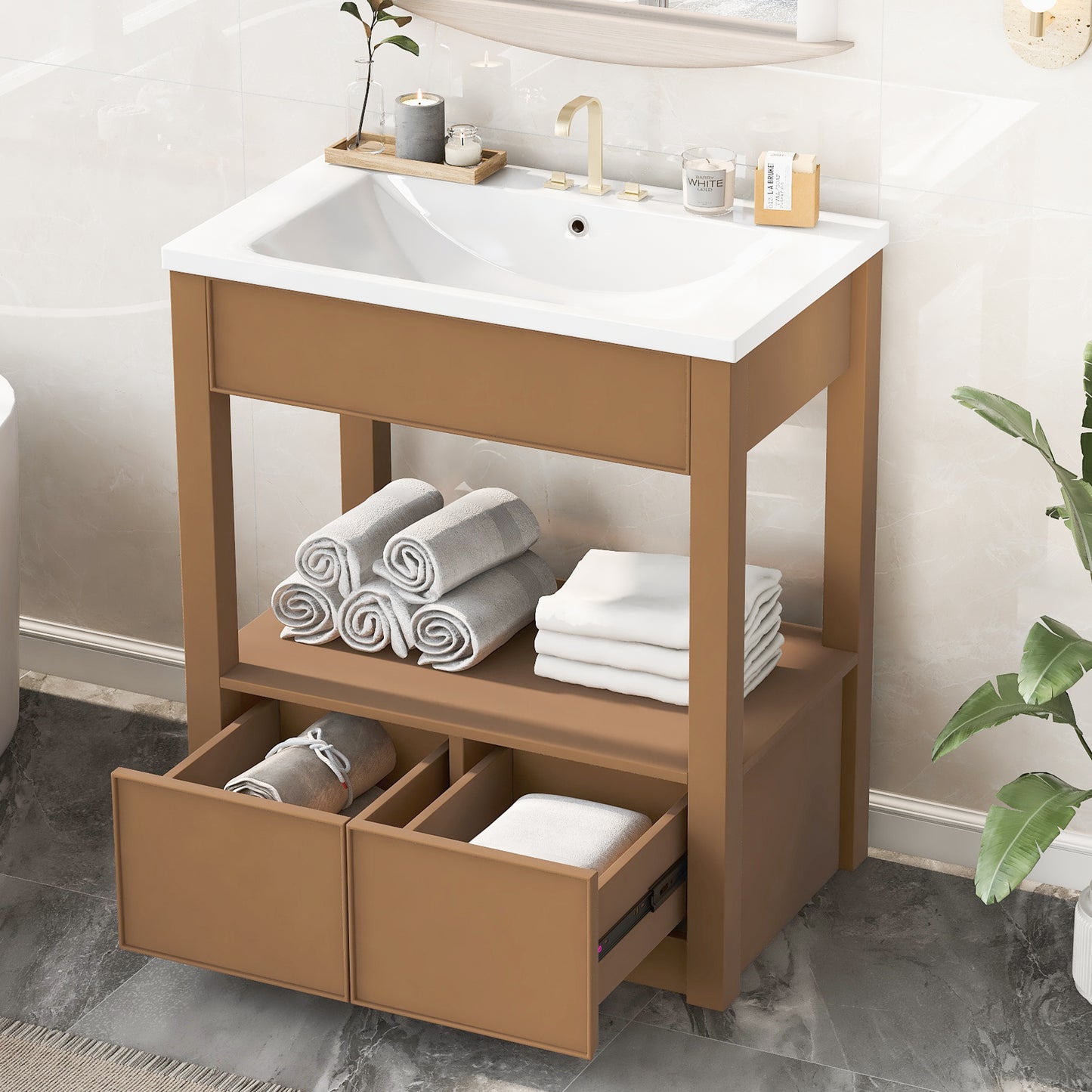 30 in. W Single Sink Freestanding Bath Vanity in Brown with White Ceramic Top