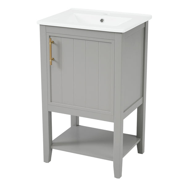 20" Bathroom Vanity with Sink, Bathroom Cabinet with Soft Closing Door, Storage Rack and Open Shelf, Grey/White