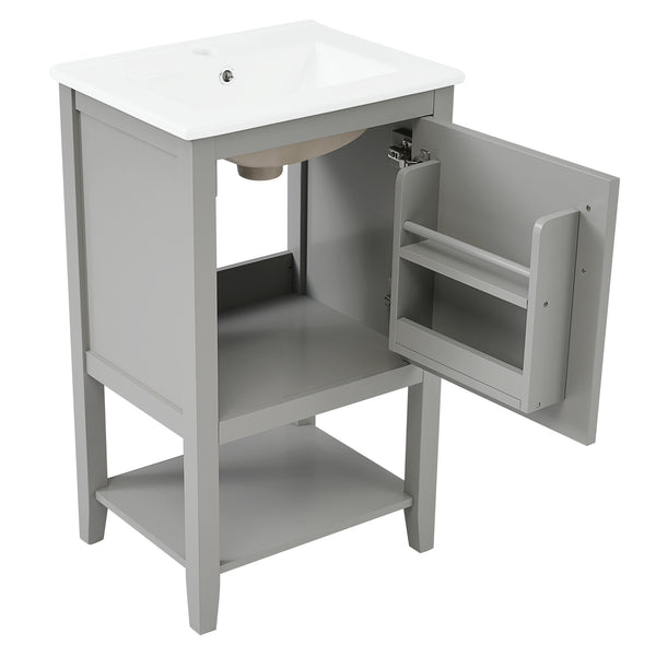 20" Bathroom Vanity with Sink, Bathroom Cabinet with Soft Closing Door, Storage Rack and Open Shelf, Grey/White