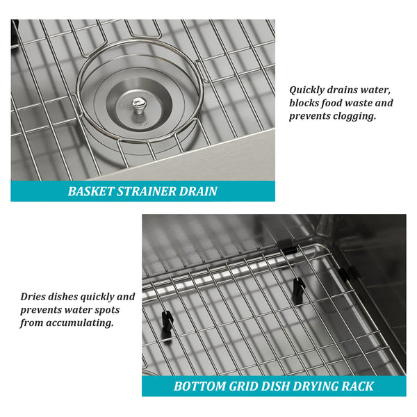 33 in. Drop-In Single Bowl 18 Gauge Stainless Steel Kitchen Sink with Bottom Grid and Basket Strainer, CUPC Certified
