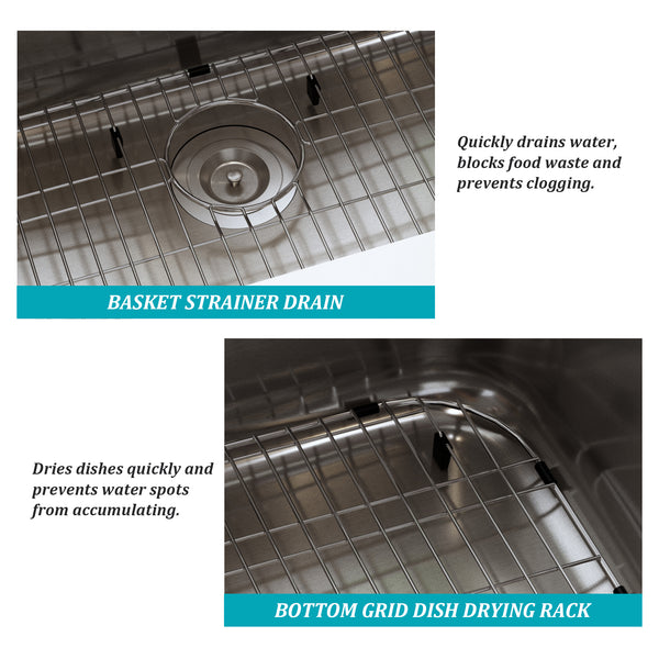 32 in. Undermount Single Bowl 18 Gauge Stainless Steel Kitchen Sink with Bottom Grid and Basket Strainer, cUPC Certified