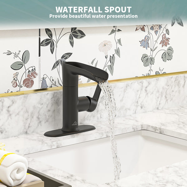 Single Handle Single Hole Bathroom Vanity Sink Waterfall Spout Bathroom Faucet with Filter Particles in Matte Black