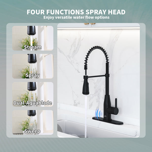 Single Handle Pull Down Sprayer Kitchen Faucet with Touchless Sensor and Four Functions Spray Head in Matte Black