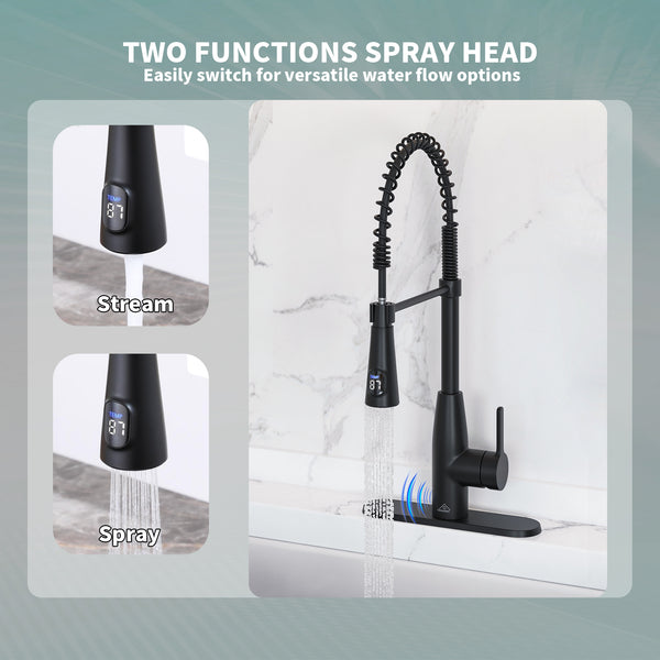 Single Handle Pull Down Sprayer Kitchen Faucet with Touchless Sensor and Intelligent Temperature Display in Matte Black