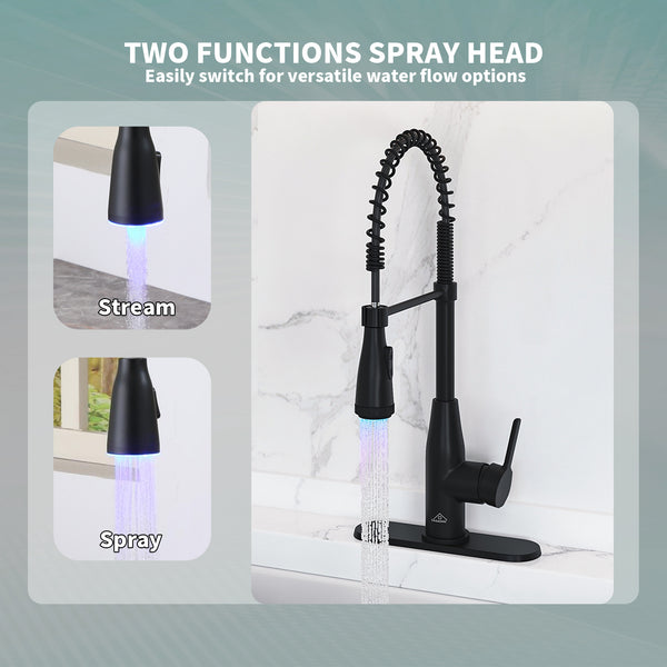 Single Handle Pull Down Sprayer Kitchen Faucet with LED Lights Temperature Display in Matte Black