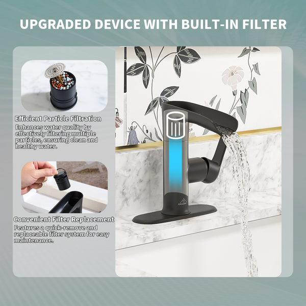 Single Handle Single Hole Bathroom Vanity Sink Waterfall Spout Bathroom Faucet with Filter Particles in Matte Black