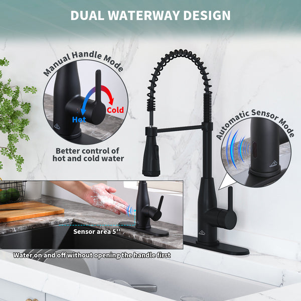 Single Handle Pull Down Sprayer Kitchen Faucet with Touchless Sensor and Four Functions Spray Head in Matte Black
