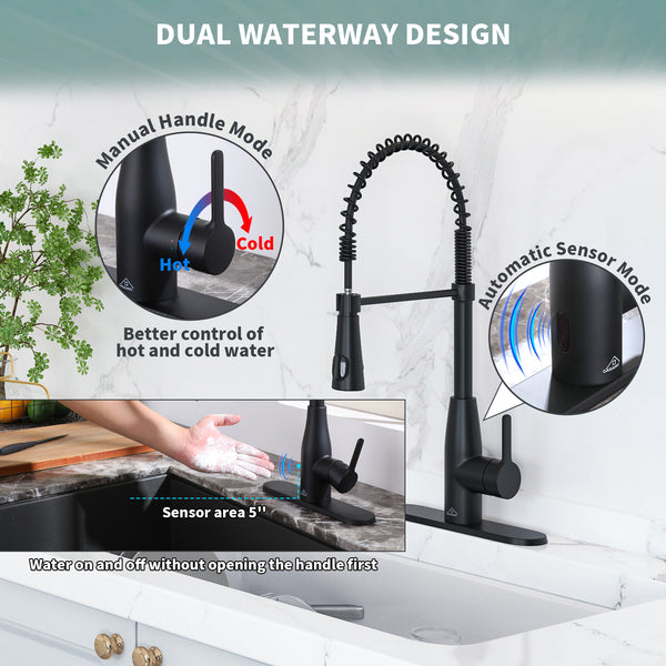 Single Handle Pull Down Sprayer Kitchen Faucet with Touchless Sensor and Intelligent Temperature Display in Matte Black