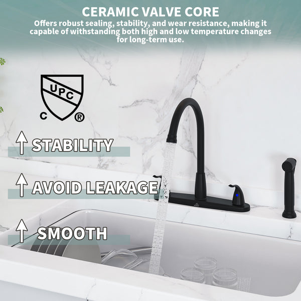 Double Handle Standard Kitchen Faucet with Side Sprayer in Matte Black