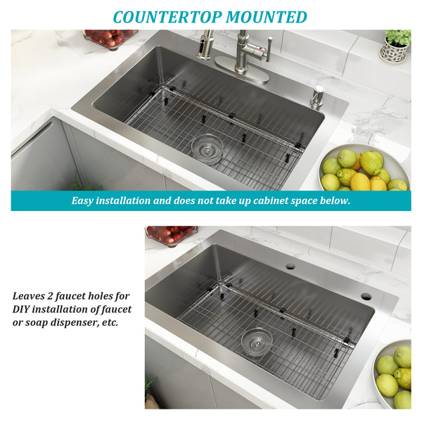 33 in. Drop-In Single Bowl 18 Gauge Stainless Steel Kitchen Sink with Bottom Grid and Basket Strainer, CUPC Certified