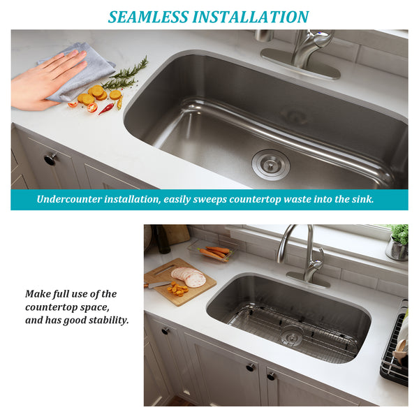 32 in. Undermount Single Bowl 18 Gauge Stainless Steel Kitchen Sink with Bottom Grid and Basket Strainer, cUPC Certified