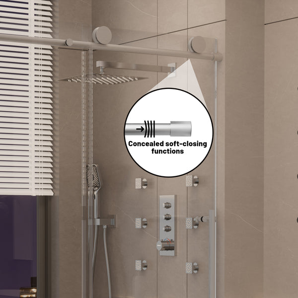 48 in. W x 76 in. H Sliding Frameless Shower Door in Brushed Nickel Finish with 3/8 in.(10 mm) Tempered Clear Glass