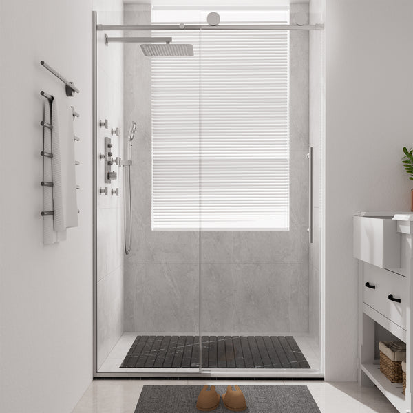 48 in. W x 76 in. H Sliding Frameless Shower Door in Brushed Nickel Finish with 3/8 in.(10 mm) Tempered Clear Glass
