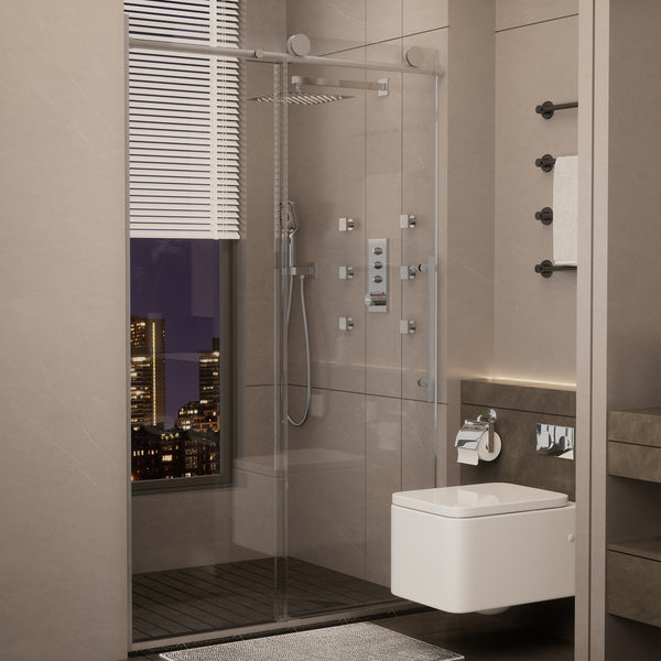 48 in. W x 76 in. H Sliding Frameless Shower Door in Brushed Nickel Finish with 3/8 in.(10 mm) Tempered Clear Glass