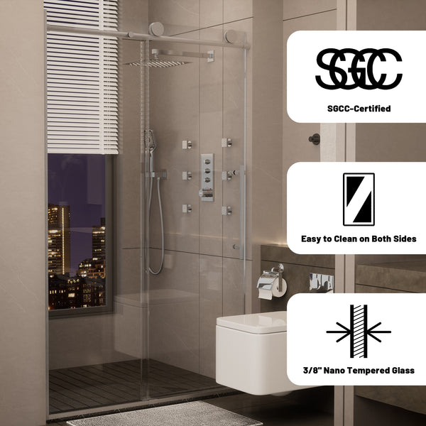 48 in. W x 76 in. H Sliding Frameless Shower Door in Brushed Nickel Finish with 3/8 in.(10 mm) Tempered Clear Glass