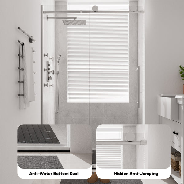 48 in. W x 76 in. H Sliding Frameless Shower Door in Brushed Nickel Finish with 3/8 in.(10 mm) Tempered Clear Glass