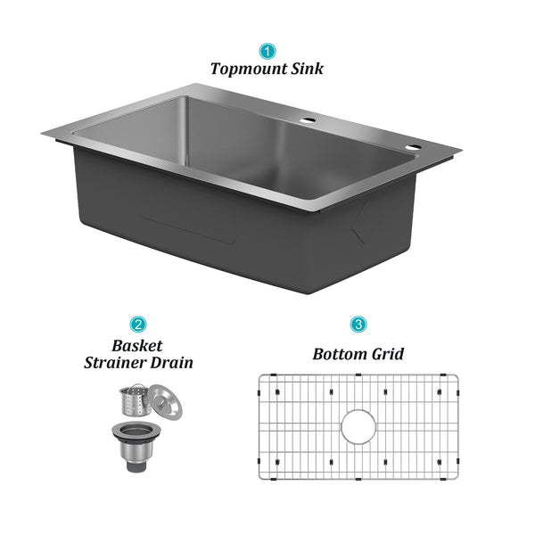 33 in. Drop-In Single Bowl 18 Gauge Stainless Steel Kitchen Sink with Bottom Grid and Basket Strainer, CUPC Certified
