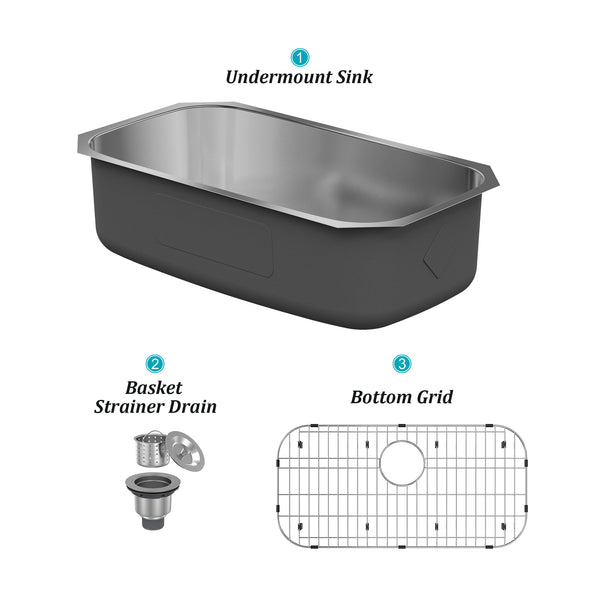 32 in. Undermount Single Bowl 18 Gauge Stainless Steel Kitchen Sink with Bottom Grid and Basket Strainer, cUPC Certified