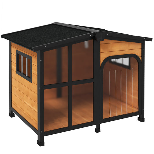 Outside Cabin-Style Wooden Dog House for Large Dogs with Openable Roof & Giant Window, Outdoor & Indoor Big Dog House, Asphalt Roof, Yellow