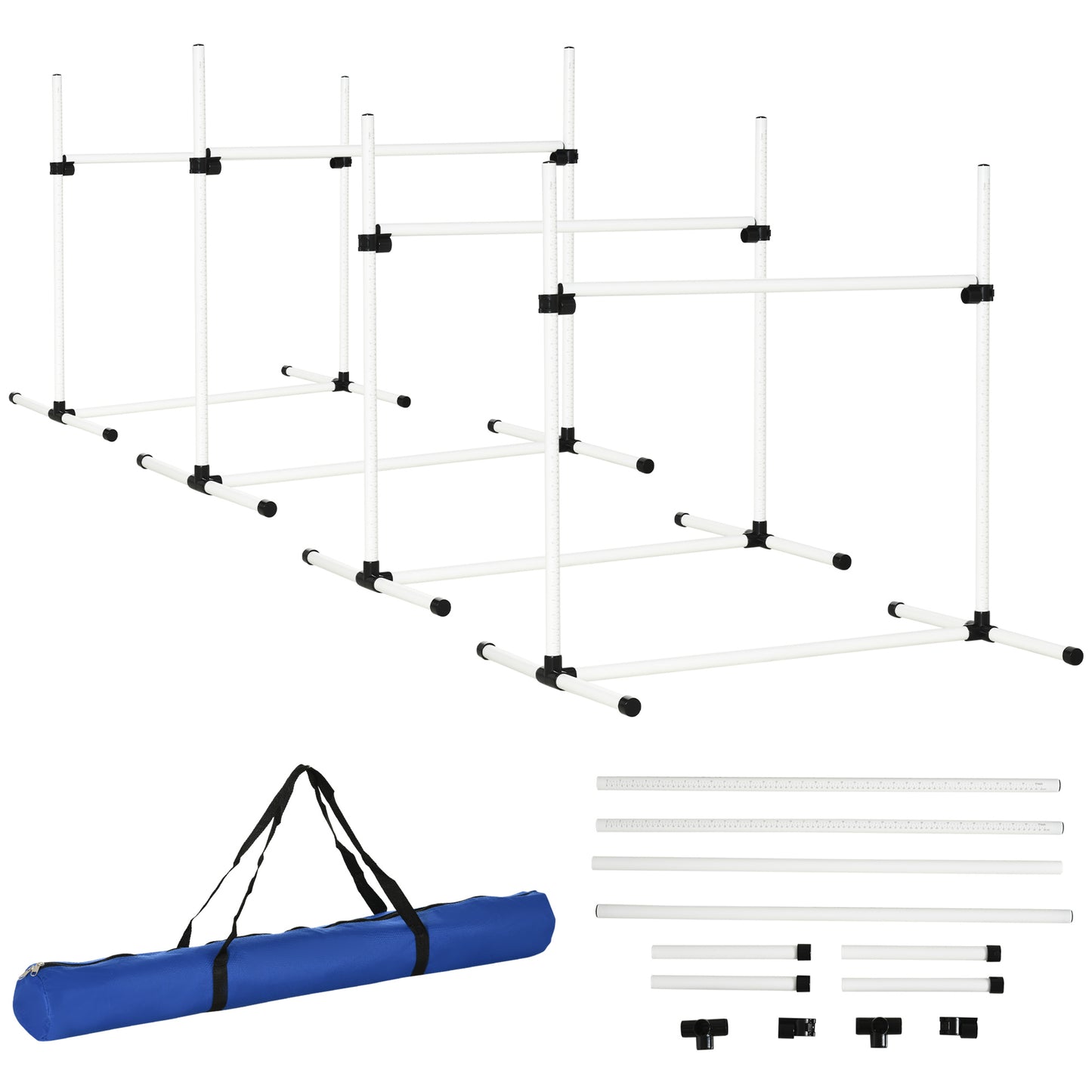 4 Piece Dog Agility Training Equipment for Dog Agility Course with Adjustable Height Jump Bars, Included Carry Bag, & Displacing Top Bar, White