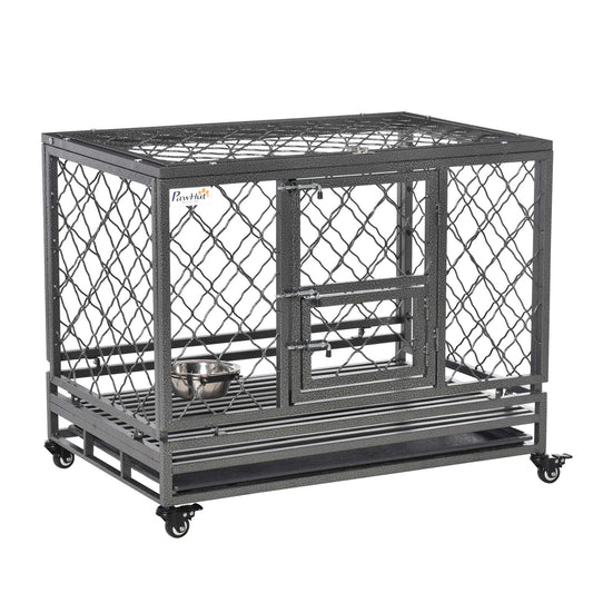 Heavy Duty Dog Crate Metal Kennel and Cage Dog Playpen with Lockable Wheels Slide-out Tray Food Bowl and Double Doors 36.5inchesL