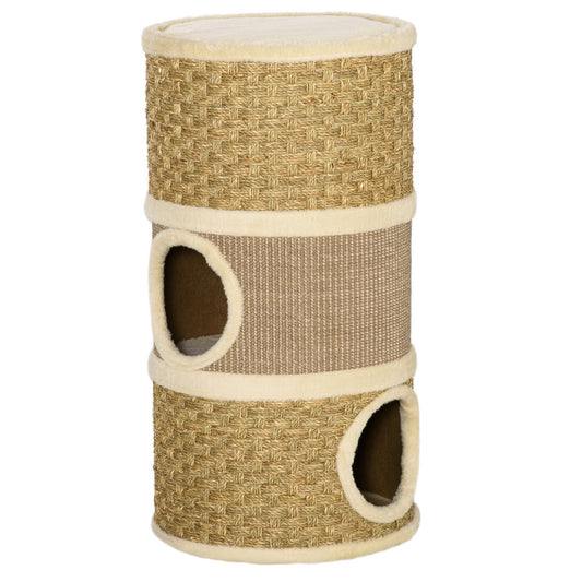 28 Inch Cat Condo 3 Story Cat Hideaway with Sisal Scratching Pad Barrel Shaped Small Cat Tree for Indoor Cats Khaki and Brown