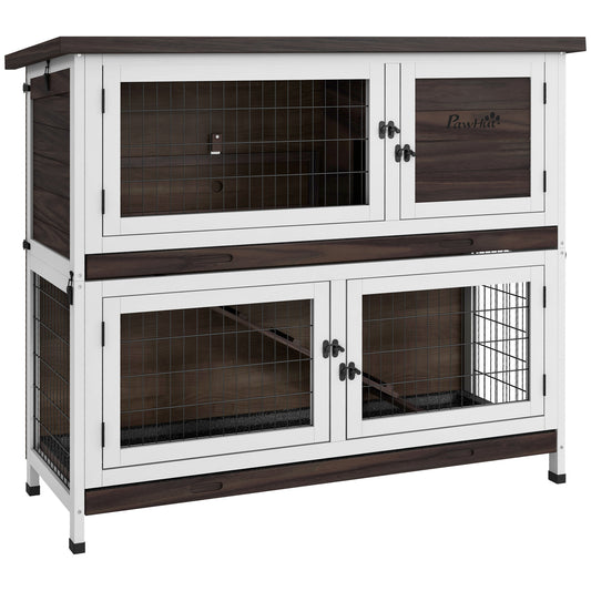 Rabbit Hutch, Outdoor 2-Tier Rabbit Cage, 46inches Wooden Guinea Pig Cage with Double Removable Trays, Ramp, Asphalt Roof for 1-2 Rabbits, No Screws Easy Installation, Brown