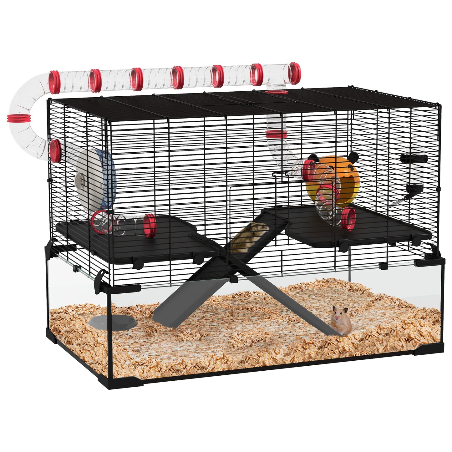 31inches Extra Large Hamster Cage with Tube Tunnel, Small Animal Cage for Dwarf Hamster, Rat, Gerbil Cage with Deep Glass Bottom, Water Bottle, Food Dish, Exercise Wheel, Ramps