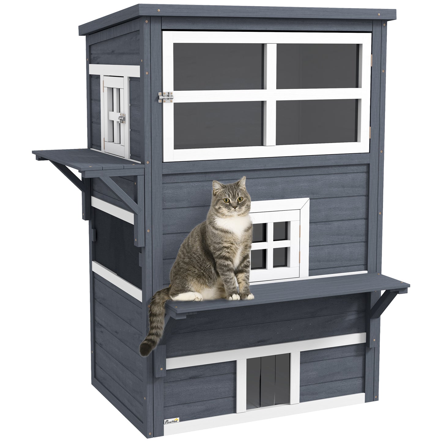 3-Story Cat House Feral Cat Shelter Outdoor Kitten Condo with Raised Floor Asphalt Roof Escape Doors Jumping Platforms Dark Gray