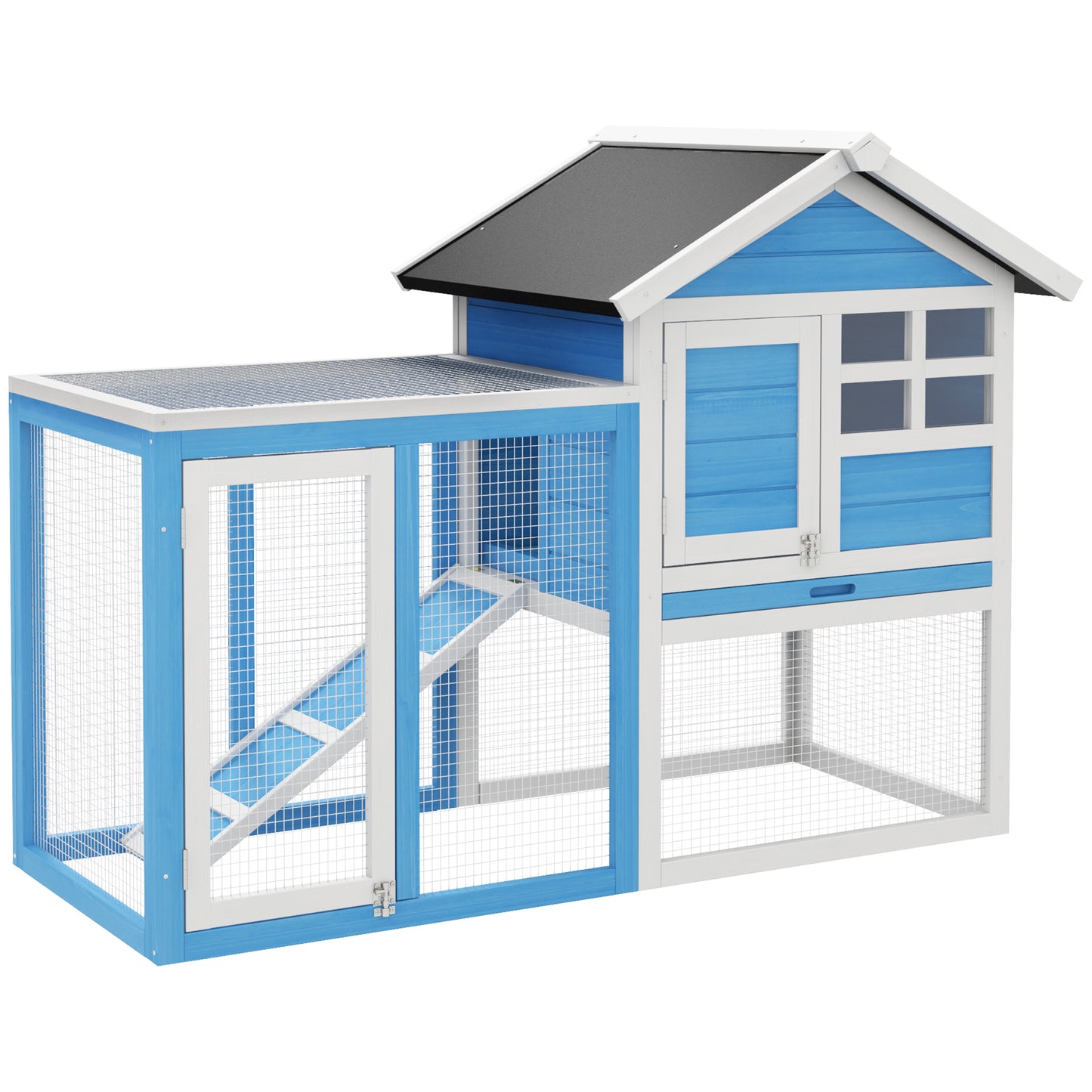 48inches Wooden Rabbit Hutch Bunny Cage with Waterproof Asphalt Roof Fun Outdoor Run Removable Tray and Ramp Light Blue