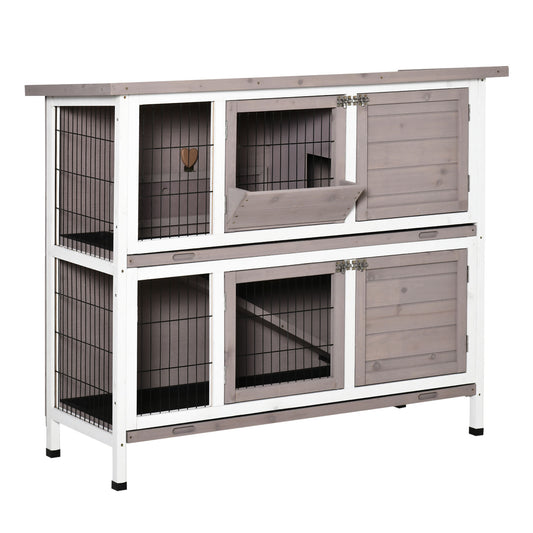 Indoor or Outdoor Rabbit Hutch with Quick on-the-Go Feeding Wood Rabbit Cage Long Hopping Distance Medium Rabbit Hutch 4 Door No Leak Tray Grey Brown