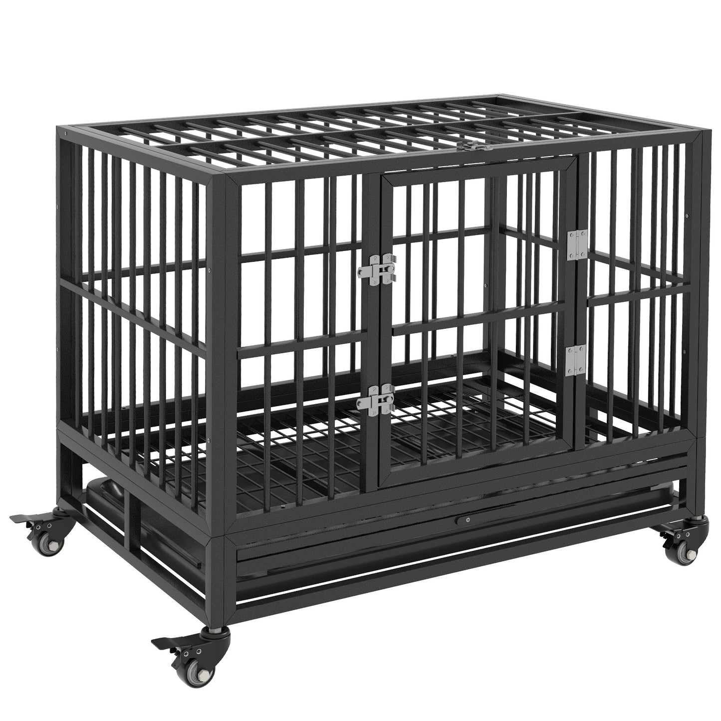 36inches Heavy Duty Dog Crate Metal Cage Kennel with Lockable Wheels Double Door and Removable Tray Gray