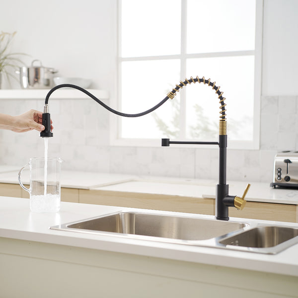 Stainless Steel Single Handle Pull Down Sprayer Kitchen Faucet with Water Supply Hoses in Matte Black with Brushed Gold